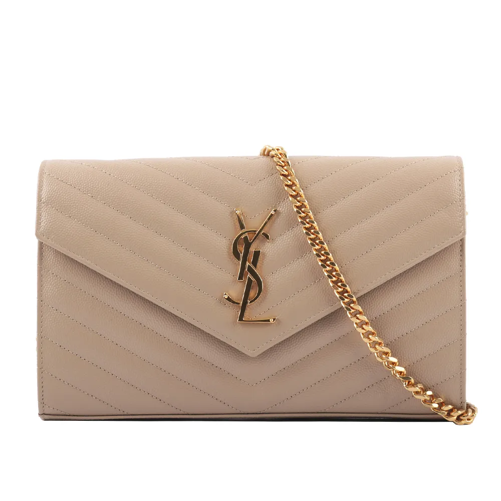 YSL 377828 MONOGRAM V字縫線魚子醬牛皮WOC信封斜背包(駝/金) 歷史價格詳細信息