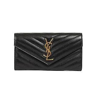 【YSL】MONOGRAM 魚子醬牛皮金色金屬三摺信封釦式短夾(黑色) 歷史價格詳細信息