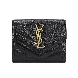 YSL MONOGRAM 金屬LOGO V字縫線牛皮三折短夾(黑/金) 歷史價格詳細信息