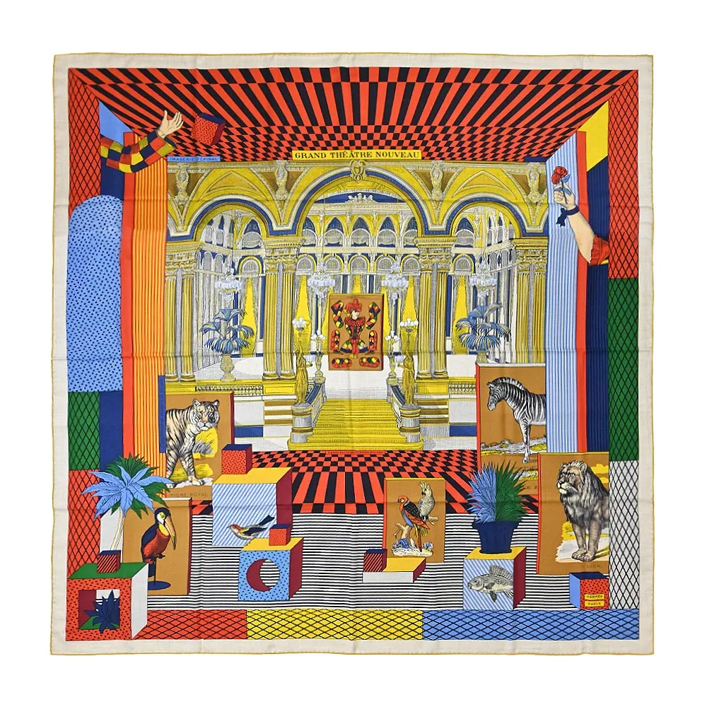 愛馬仕Grand Theatre Nouveau shawl動物畫廊 140喀什米爾與真絲混紡方巾(白色/粉色/淡黃色) 歷史價格詳細信息