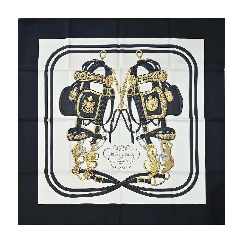 Hermes 愛馬仕 Brides de Gala Applique Pique 140 奢華馬籠頭喀什米爾與真絲混紡方巾(紅/黑/天藍) 歷史價格詳細信息