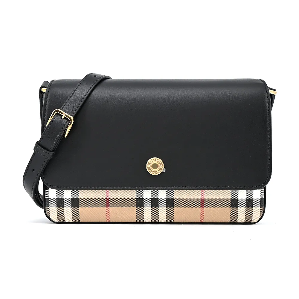 BURBERRY Note Vintage 格紋拼皮革翻蓋斜背包(石楠木棕色) 8066226 歷史價格詳細信息