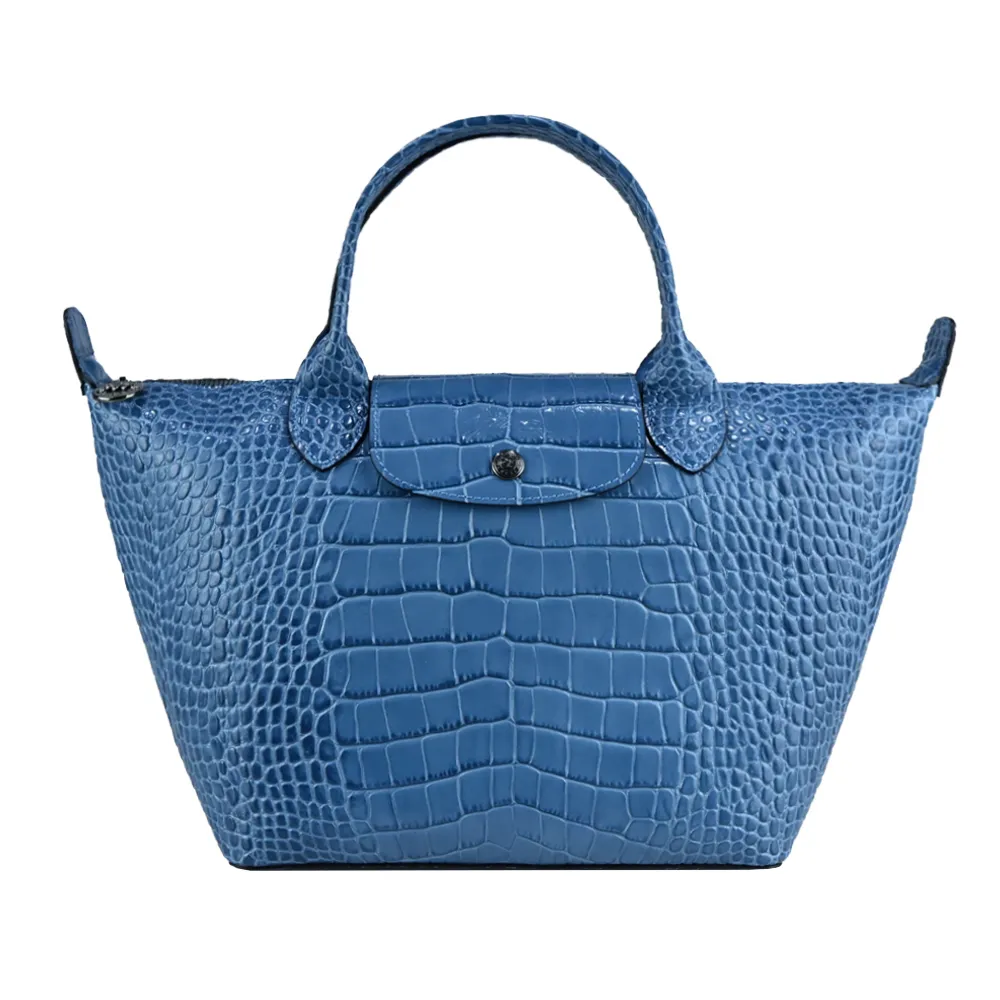 LONGCHAMP LE PLIAGE CUIR系列亮面鱷魚紋牛皮手提水餃包(小/暗灰藍) 歷史價格詳細信息