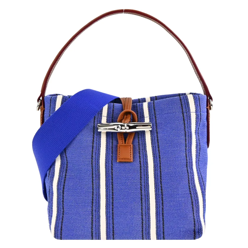 LONGCHAMP ROSEAU ESSENTIAL系列帆布LOGO字母條紋兩用水桶包(小/黃x白) 歷史價格詳細信息