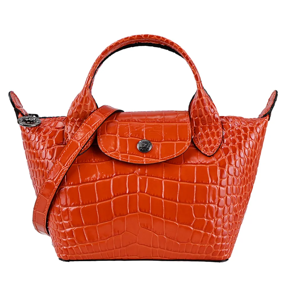 LONGCHAMP LE PLIAGE CUIR系列鱷魚紋牛皮短把手提水餃包(黑) 歷史價格詳細信息