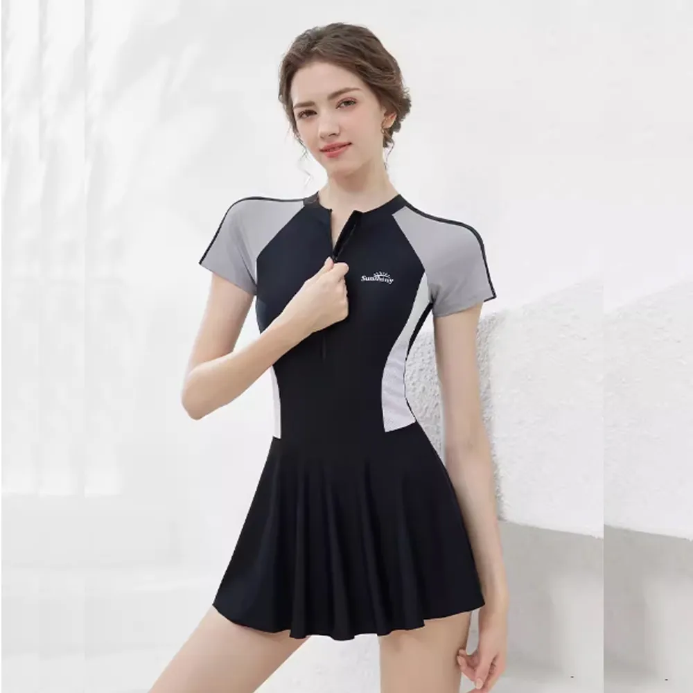 比基尼妮.短袖純淨拉鍊連身裙泳衣泳裝(M-2L) 歷史價格詳細信息