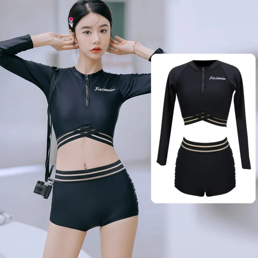 比基尼妮.謎語長袖短版露肚透條前拉鍊三件式素長褲短褲泳裝(M-2L) 歷史價格詳細信息