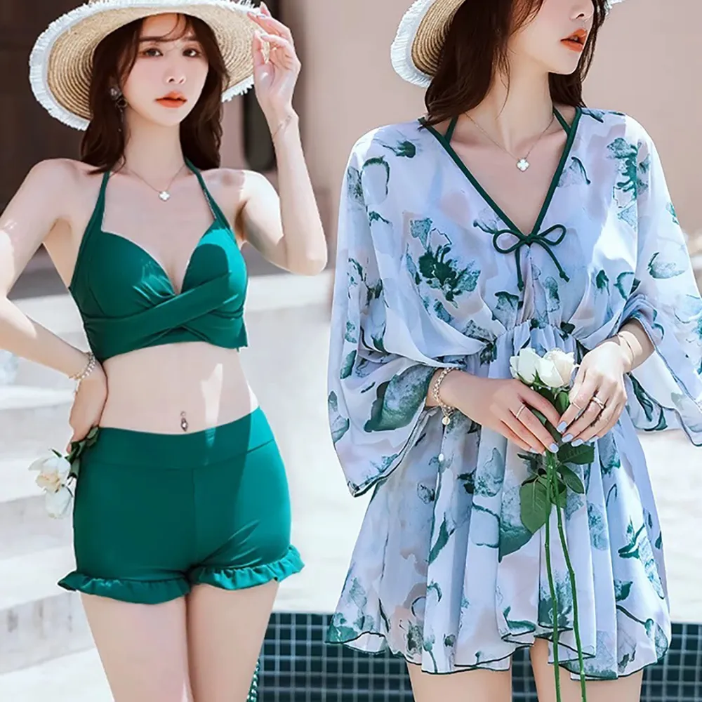 情侶綠色碎花泳衣女款三件套兩件式裙式遮肚顯瘦性感泡溫泉2023新款 歷史價格詳細信息