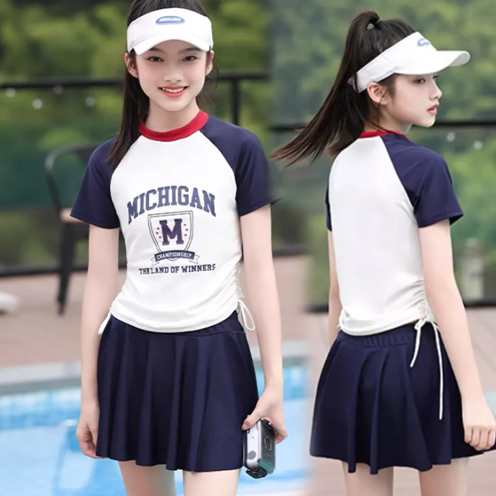 比基尼妮.泳衣迪希短袖側腰繩裙子二件式泳裝(S-XL) 歷史價格詳細信息