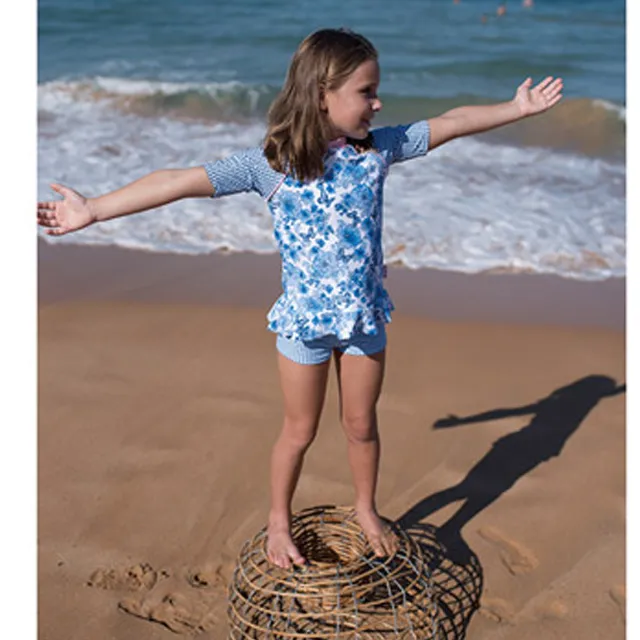 澳洲鴨嘴獸兒童泳衣  防曬短袖上衣+游泳短褲  小女4歲 渦旋紋花 歷史價格詳細信息