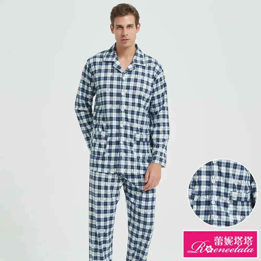 蕾妮塔塔 義式風輕磨毛藍白格 男性長袖兩件式睡衣(R08219-10藍) 歷史價格詳細信息
