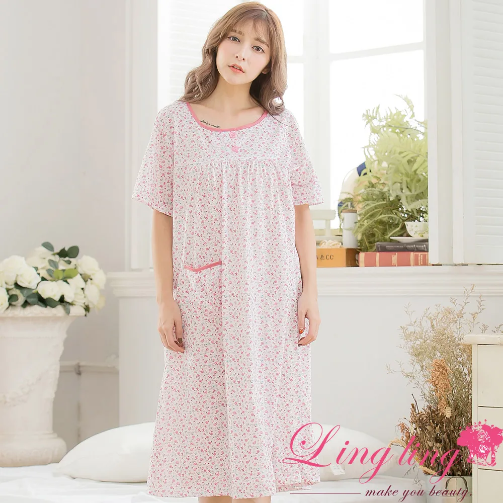 lingling A3309大尺碼-日系風格碎花棉質短袖長版連身裙睡衣(日系藍) 歷史價格詳細信息