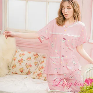 lingling A4014全尺碼-潮流個性印花開襟式短袖睡衣+長褲(二件式睡衣組)(質感米杏) 歷史價格詳細信息