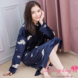 lingling A4306-01全尺碼-淘氣兔子圓點直條紋長袖連身裙睡衣(清透藍) 歷史價格詳細信息