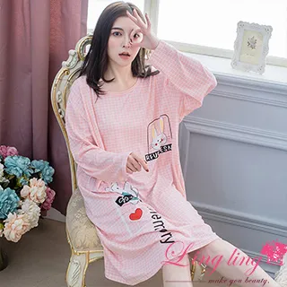 lingling A4306-02全尺碼-淘氣兔子圓點直條紋長袖連身裙睡衣(柔感灰) 歷史價格詳細信息