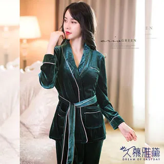 金絲絨睡衣褲套組女秋冬季可外穿撞色V領休閒居家服八分袖兩件套 歷史價格詳細信息