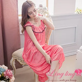 lingling A2891-19大尺碼-魅惑夢境冰絲滾蕾絲胸前蝴蝶結短袖連身裙睡衣(珊瑚紅) 歷史價格詳細信息