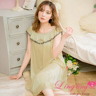 lingling A2891-19大尺碼-魅惑夢境冰絲滾蕾絲胸前蝴蝶結短袖連身裙睡衣(珊瑚紅) 歷史價格詳細信息