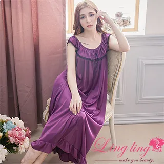lingling A2891-15大尺碼-魅惑夢境冰絲滾蕾絲胸前蝴蝶結短袖連身裙睡衣(亮深紫) 歷史價格詳細信息