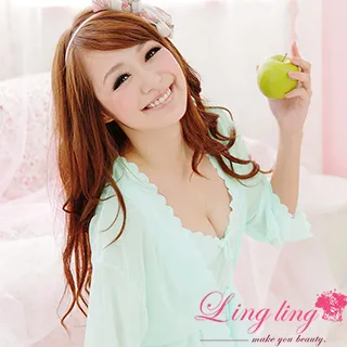 lingling A667-01溫柔情意波浪洞花細肩帶洋裝+睡袍(二件式睡衣組)(清透藍) 歷史價格詳細信息