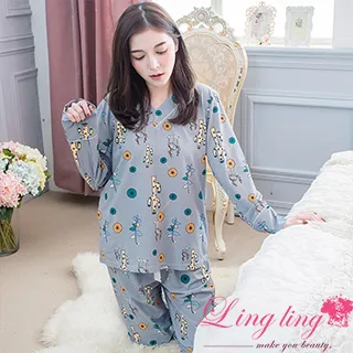 lingling A4338全尺碼-質感滿分V領坑條紋仙人掌圖案長袖睡衣+長褲(二件式睡衣組)(質感灰) 歷史價格詳細信息