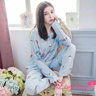 lingling A4340全尺碼-亮眼繽紛英字水果V領坑條紋長袖睡衣+長褲(二件式睡衣組)(繽紛藍綠) 歷史價格詳細信息