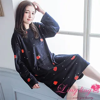 lingling A4354-01全尺碼-清新可人滿版果子圓領牛奶絲長袖連身裙睡衣(雅緻藍) 歷史價格詳細信息