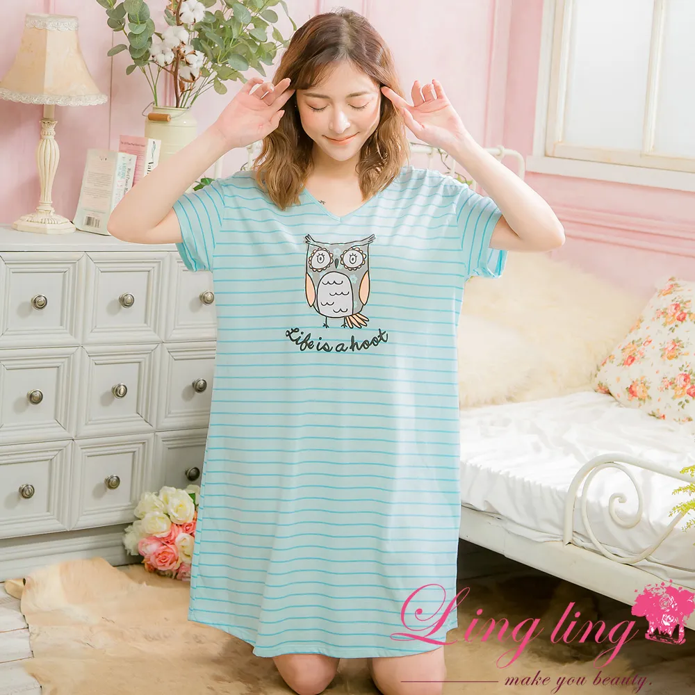 lingling A4076全尺碼-童心未泯青蛙棉質短袖連身裙睡衣(藍白條) 歷史價格詳細信息