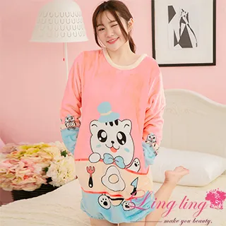 lingling A3866-01全尺碼-格紋大眼貓英字牛奶絲長袖連身裙洋裝睡衣(可愛粉) 歷史價格詳細信息