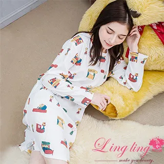 lingling A4316全尺碼-卡通世界美式插畫棉質長袖連身裙睡衣(卡通白) 歷史價格詳細信息