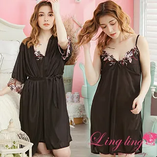 lingling A3688-07全尺碼-典雅繡花V領細肩睡裙+網紗繡花罩衫睡袍(二件式睡衣組)(魅力黑) 歷史價格詳細信息