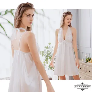 【Annabery】大尺碼  法式緹花蕾絲荷葉肩開襟不規則裙襬二件式丁字褲性感睡裙 歷史價格詳細信息