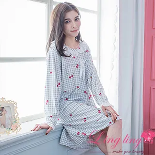 lingling A4354-01全尺碼-清新可人滿版果子圓領牛奶絲長袖連身裙睡衣(雅緻藍) 歷史價格詳細信息