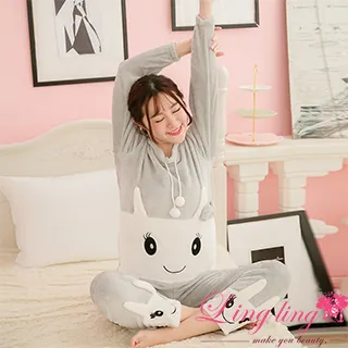 lingling A3901-02全尺碼-可愛風格直條紋表情兔兔英字長袖睡衣+長褲(二件式睡衣組)(舒適灰) 歷史價格詳細信息
