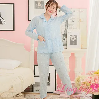 lingling A3879全尺碼-彩色蝶結似襯衫軟布長袖睡衣+長褲(二件式睡衣組)(俏皮藍) 歷史價格詳細信息