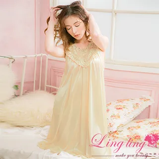 lingling A2838-08全尺碼-絕美尤物冰絲雕花蕾絲背心連身裙睡衣(香檳金) 歷史價格詳細信息