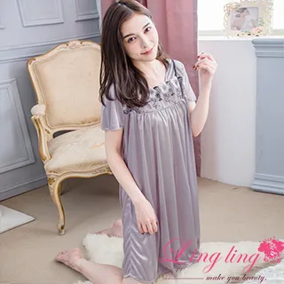 lingling A4309-04全尺碼-夜晚秘密方領繡花冰絲短袖連身睡衣(淺鐵藍灰) 歷史價格詳細信息