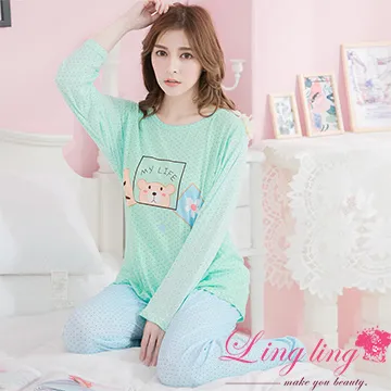 lingling A3865全尺碼-蝶結條紋荷葉下擺棉質長袖睡衣+長褲(二件式睡衣組)(舒適灰) 歷史價格詳細信息