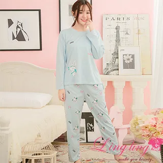 lingling A3859全尺碼-前短後長兔子插畫牛奶絲長袖睡衣+長褲(二件式睡衣組)(沉靜藍) 歷史價格詳細信息