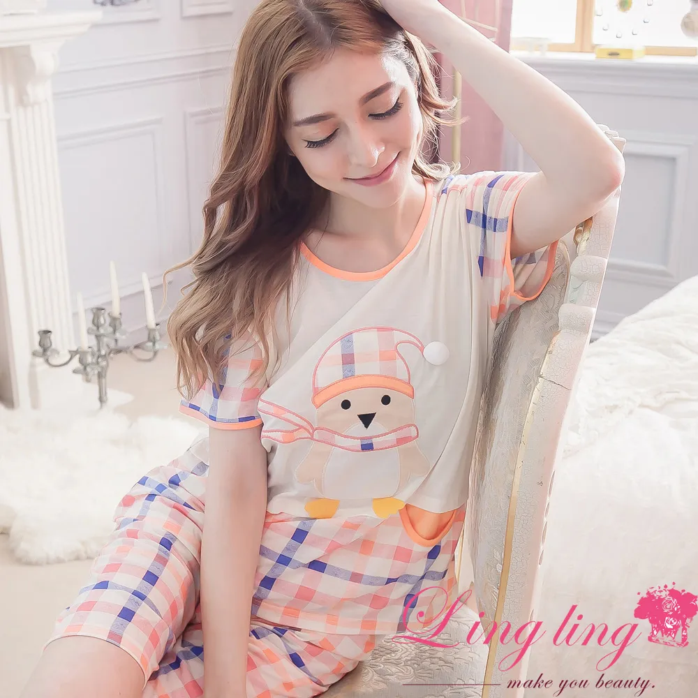 lingling A2939-01=02全尺碼-童趣格紋方格帽子企鵝棉質短袖睡衣+睡褲(二件式睡衣組)(俏麗桃粉) 歷史價格詳細信息