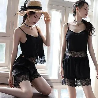 【maggie+】蕾絲花邊仿真絲開叉露背吊帶薄款居家睡裙-黑色 歷史價格詳細信息