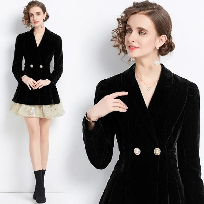 《D'Fina 時尚女裝》西裝領珍珠扣茶歇法式網紗蛋糕裙氣質洋裝 歷史價格詳細信息