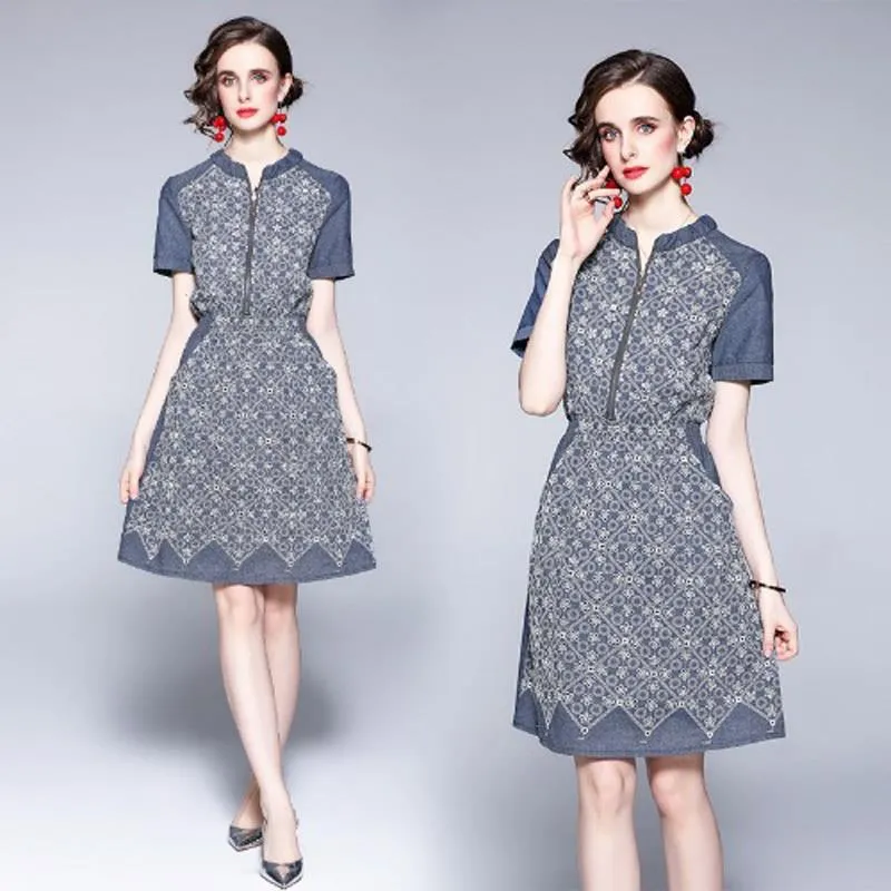 《D'Fina 時尚女裝》 牛仔洋裝女碎花裙時尚洋氣禦姐輕熟風拼接雪紡裙 歷史價格詳細信息