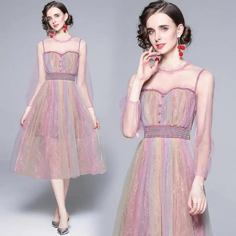 《D'Fina 時尚女裝》 亮片刺繡蕾絲中長版網紗連身洋裝 歷史價格詳細信息