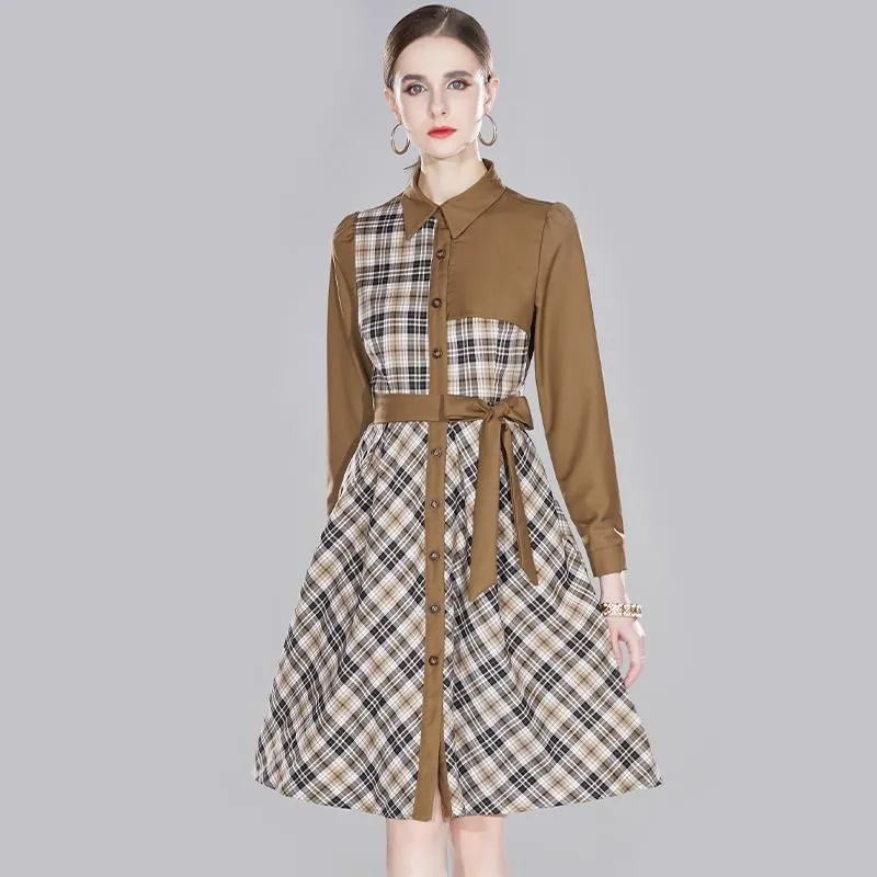 翻領格紋收腰打褶不易皺拋袖上衣 《AB18234》 歷史價格詳細信息