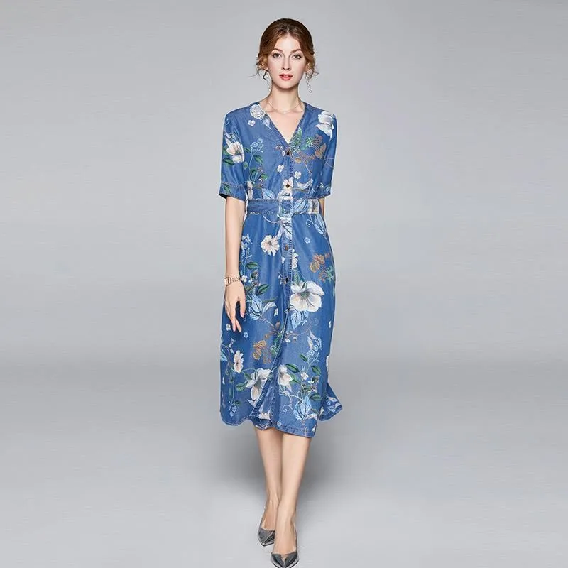 《D'Fina 時尚女裝》 牛仔洋裝女碎花裙時尚洋氣禦姐輕熟風拼接雪紡裙 歷史價格詳細信息