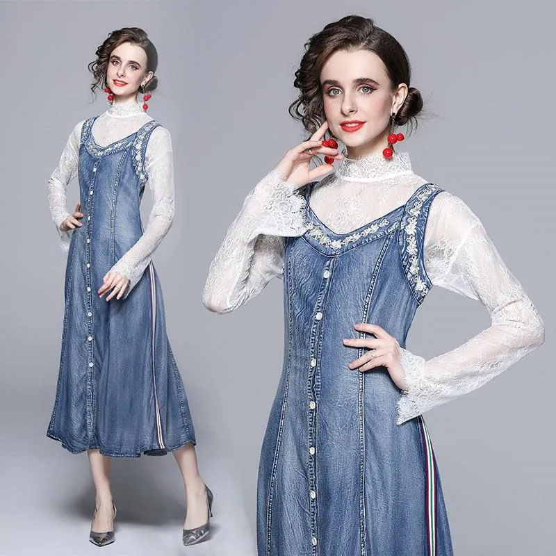 《D'Fina 時尚女裝》 牛仔洋裝女碎花裙時尚洋氣禦姐輕熟風拼接雪紡裙 歷史價格詳細信息