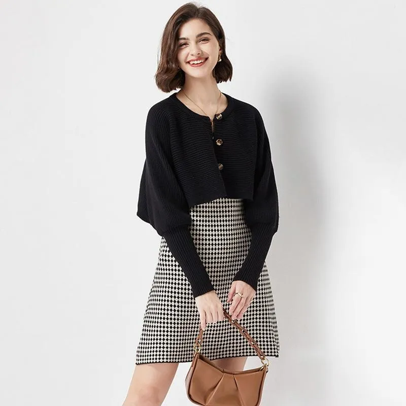 針織裙 針織洋裝  小香韓系高級感時尚緊身顯瘦小外套半身裙針織兩件套-伽美服飾 歷史價格詳細信息