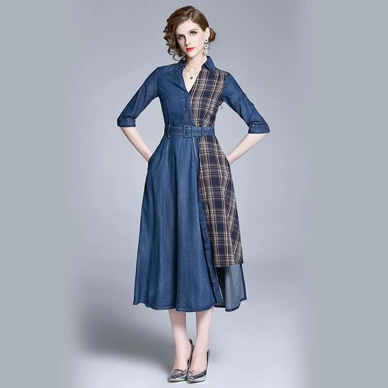 《D'Fina 時尚女裝》 牛仔洋裝女碎花裙時尚洋氣禦姐輕熟風拼接雪紡裙 歷史價格詳細信息