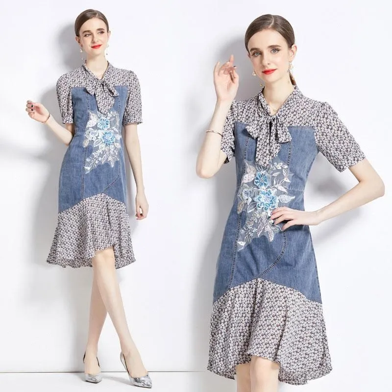 《D'Fina 時尚女裝》 氣質繫帶領波西米亞印花五分袖大擺長裙洋裝 歷史價格詳細信息